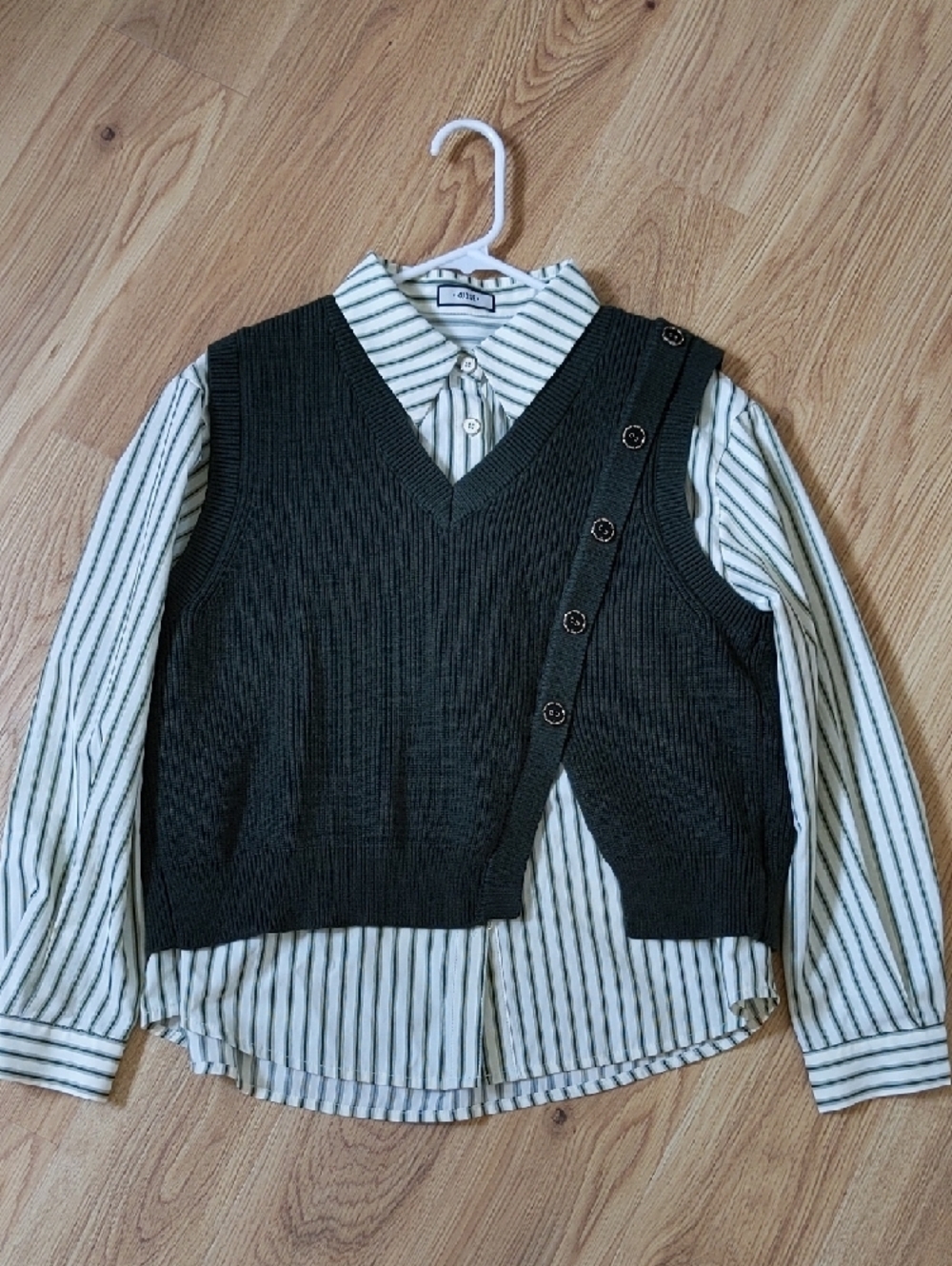 Dark Green Asymmetrical Button V-Neck Knit Sweater Vest and Stripe Shirt Combo